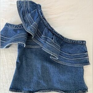 Fabulous Self-Portrait Blue Denim One-Shoulder Ruffle Top